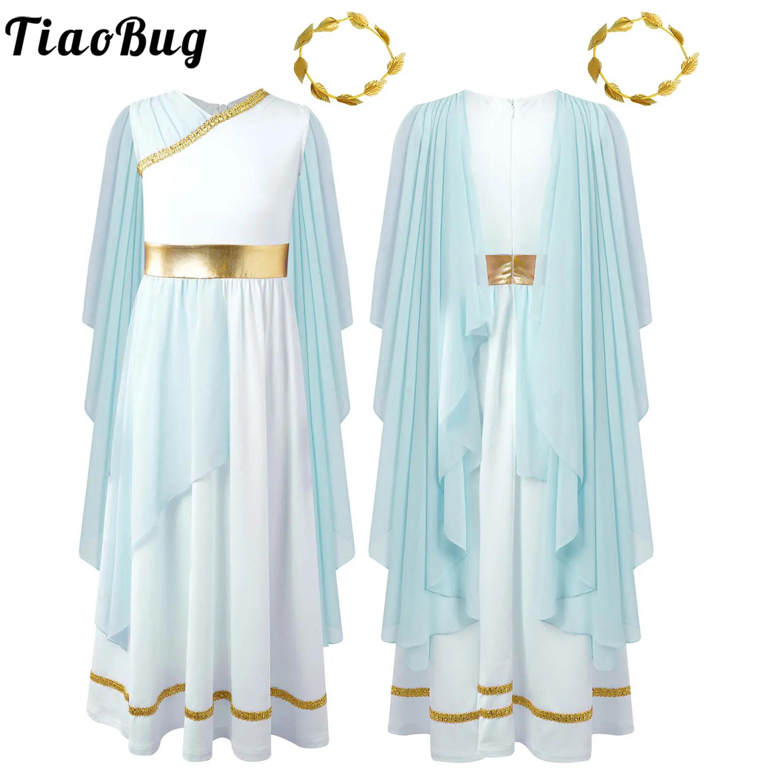 Girls Ancient Greek Toga Grecian Flowy Gown Dress with Headwear Fancy Outfits Halloween Greek Deity Cosplay Princess Costume