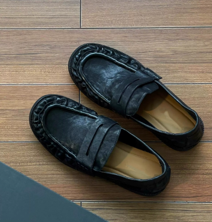 Chaussures Lofers pour hommes en cuir véritable à bout rond de style rétro, talons bas épais, design à enfiler, grande taille, chaussures de loisirs souples