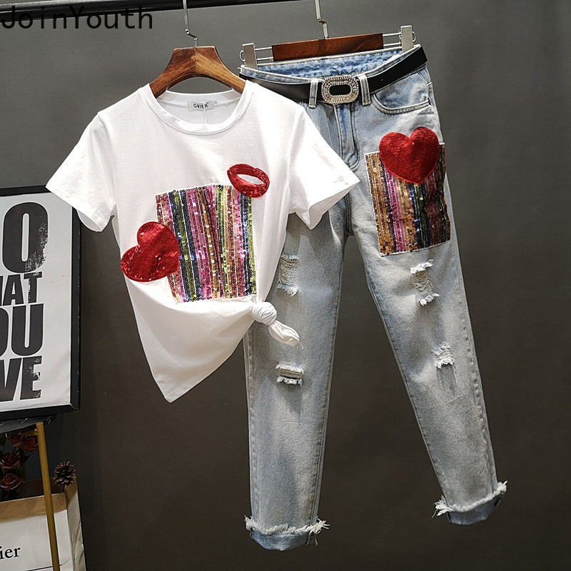 Joinyouth 2023 แฟชั่นชุดChicเลื่อมเสื้อยืดสีขาว + เอวสูงRippedกางเกงยีนส์Roupas Femmeเกาหลีกางเกง 2 ชิ้นชุดผู้หญิง