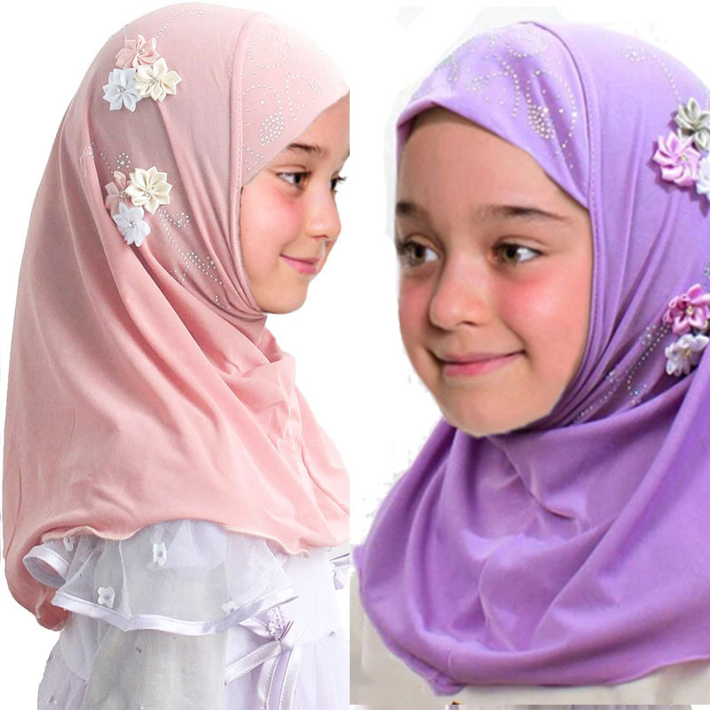 Meninas instantâneo hijab cachecol muçulmano gorro hijab artesanal flor adorável strass cabeça envoltório turbante para 2-6 anos crianças