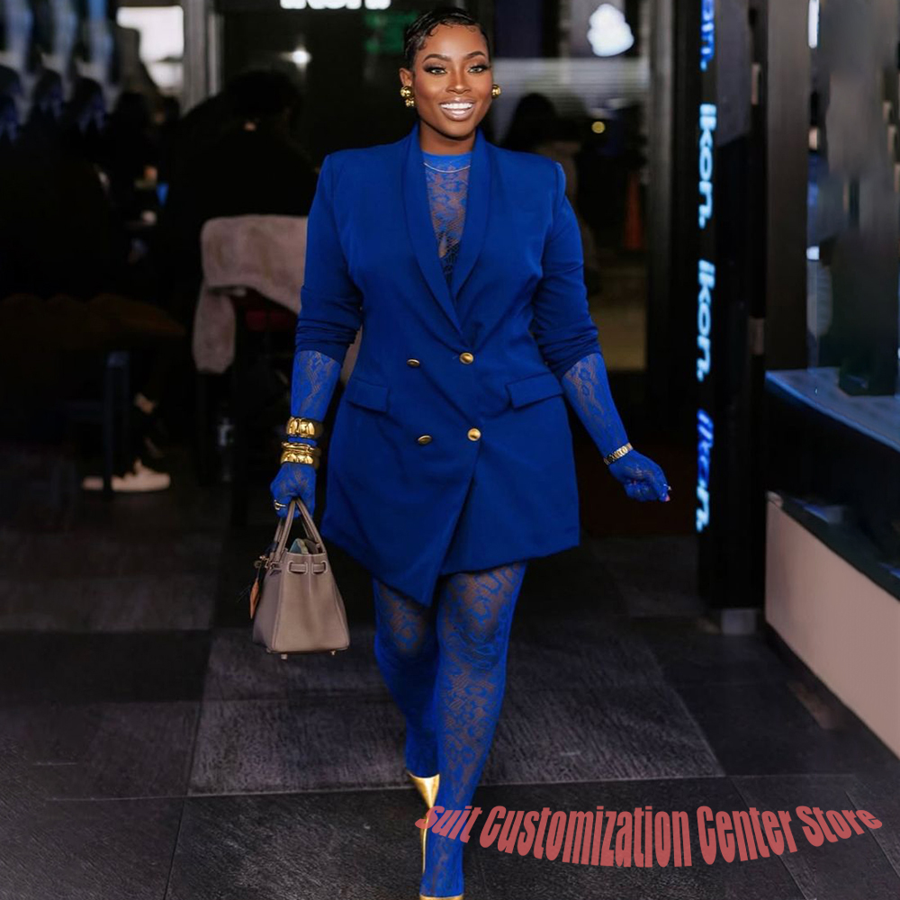 Luxury Royal Blue Women's Jacket 1Piece Set Double-Breasted Shawl Lapel Blazer Chic Glamorous Evening Party Female Outerwears