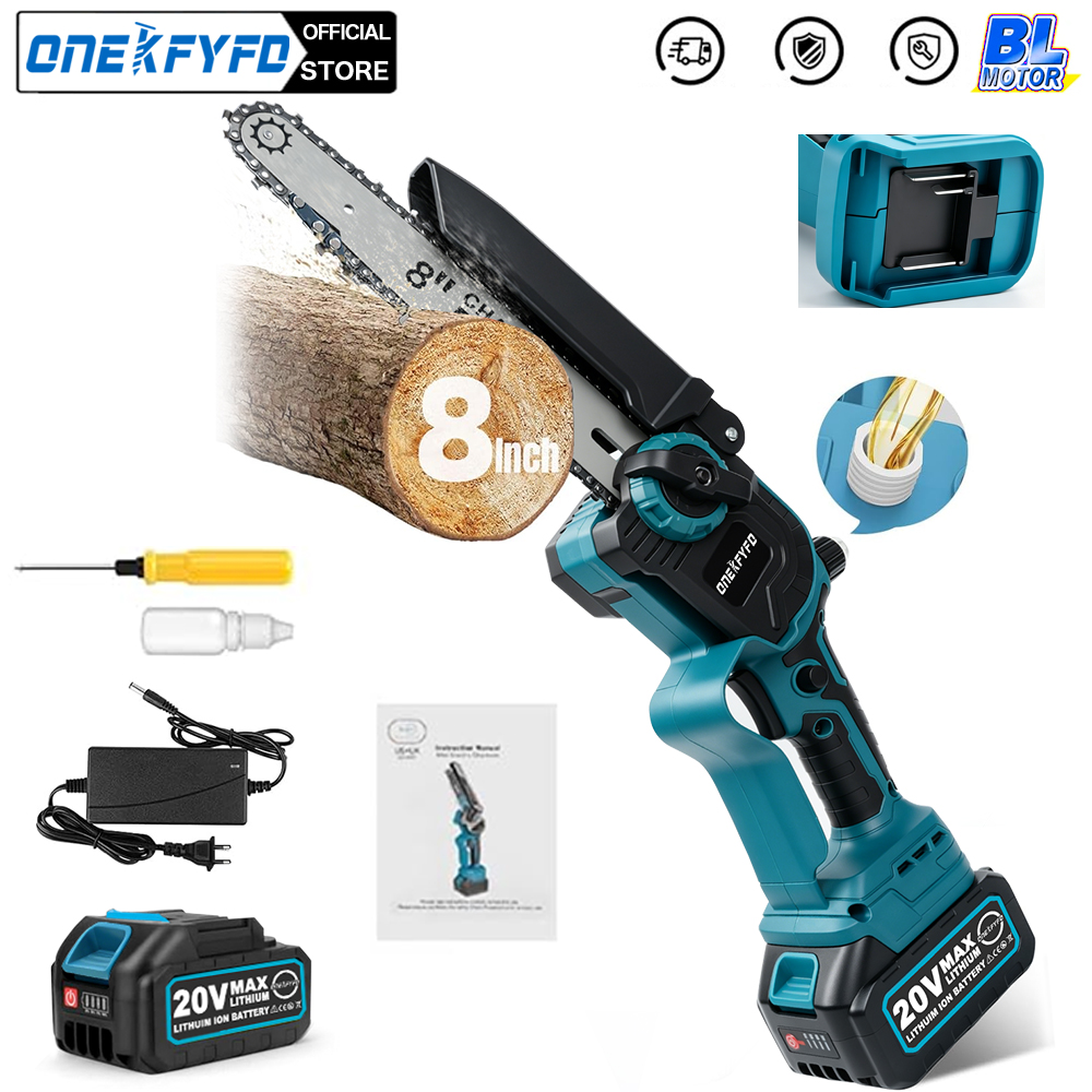 ONEKFYFD 8 Inch Brushless Electric Chainsaw Cordless Garden Pruning Saw Cutting Power Tool For 18V Lithium-Ion Battery
