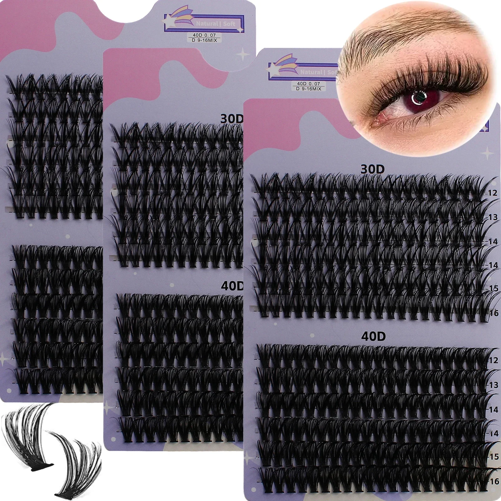 3 pacote 30/40d 12-16mm mix d curl cluster extensões de cílios clusters cílios macios naturais cílios postiços diy extensão de cílios