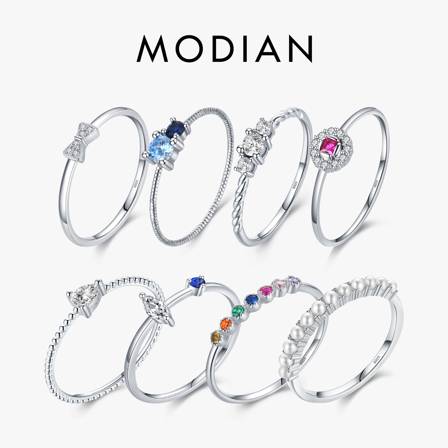 MODIAN 925 en argent Sterling couronne bulle perle arc-en-ciel empilable anneaux pour les femmes éblouissante clair CZ bijoux de fiançailles de mariage