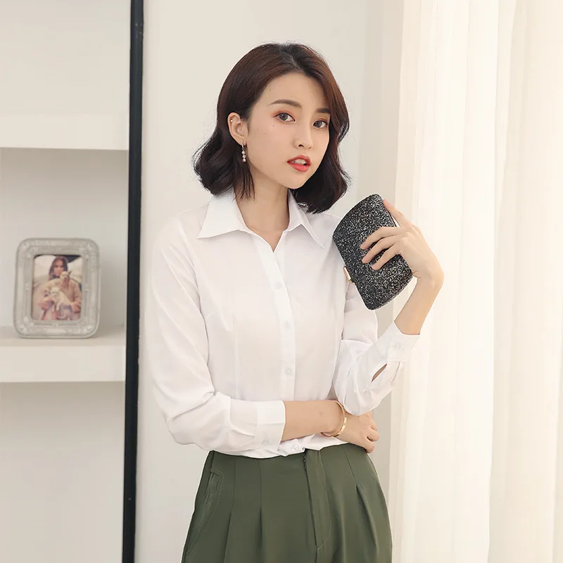 Camisa blanca de manga larga para mujer, ropa de trabajo profesional, top elástico ajustado sin hierro, 2024