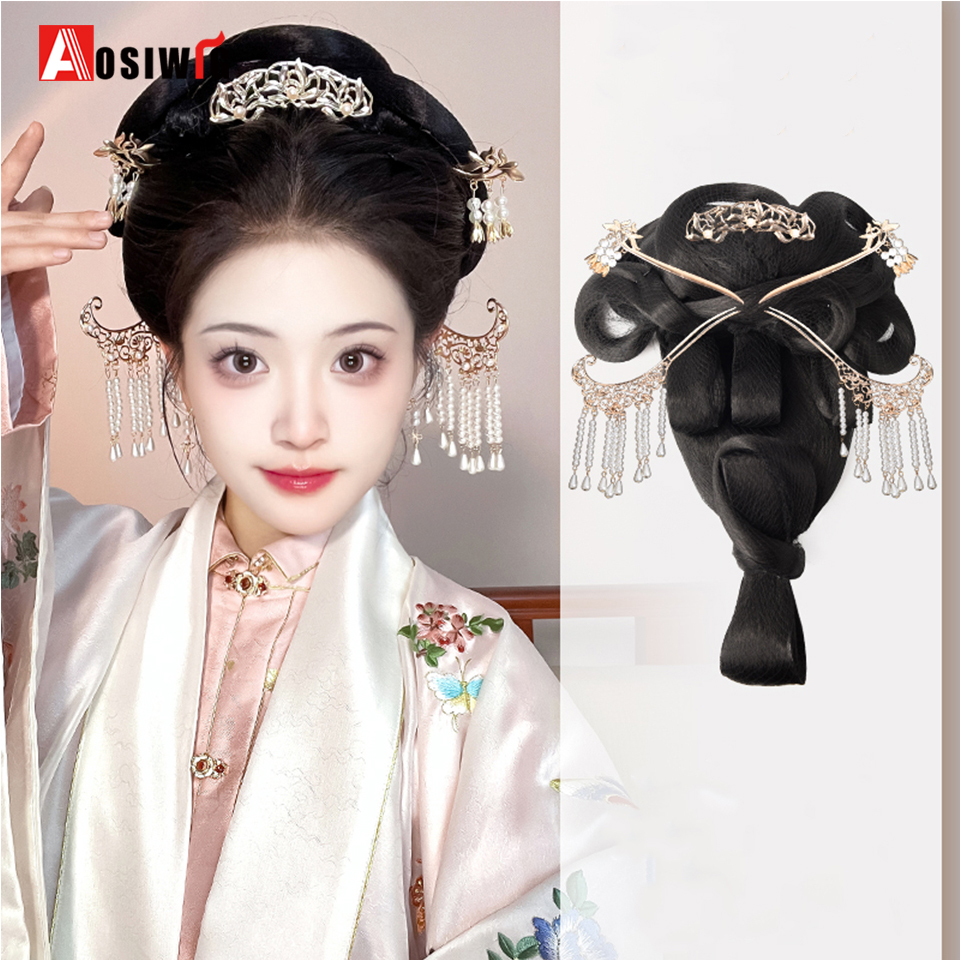 女性のための古代の合成かつら,黒のヘアピース,写真アクセサリー,ダンスアクセサリー