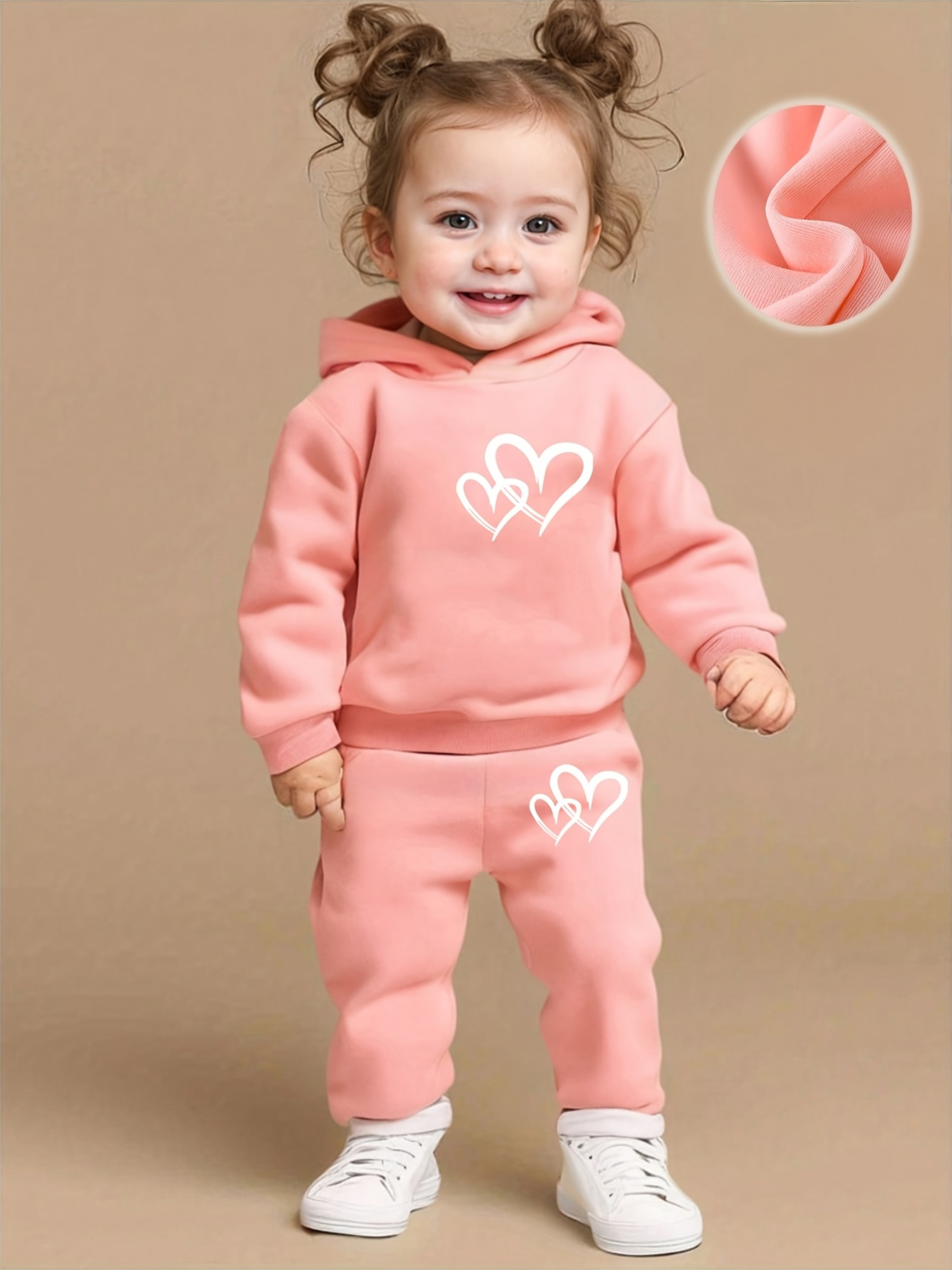 Conjunto de 2 peças para meninas/crianças outono e inverno: moletom de lã com capuz e padrão de coração + calças atléticas casuais