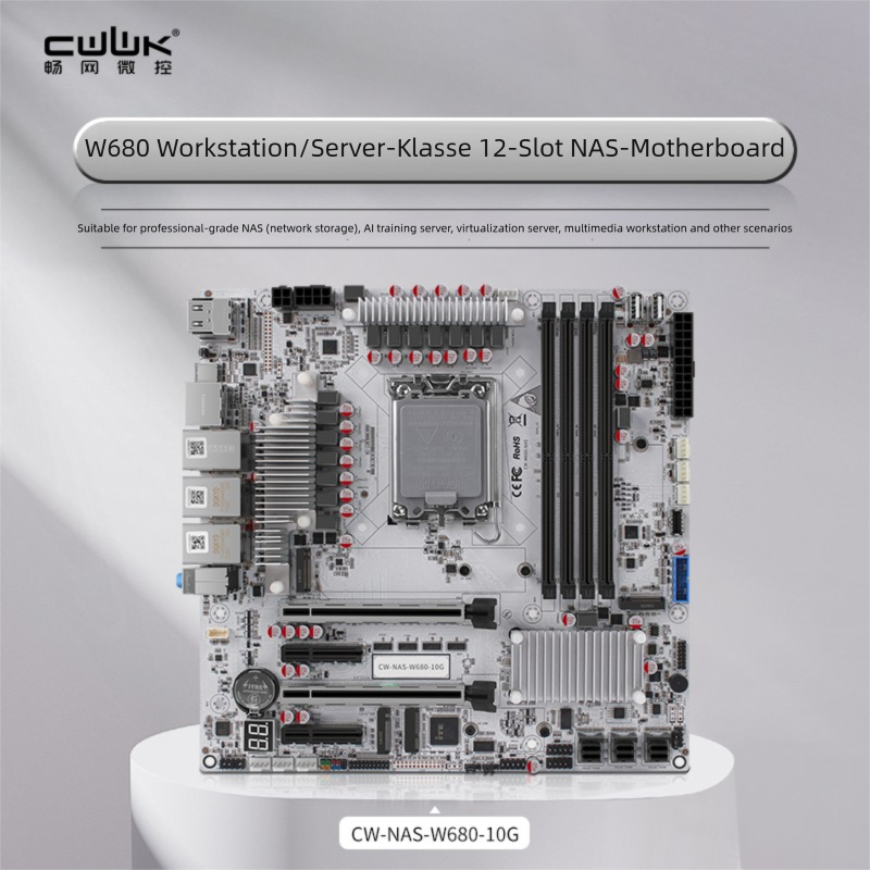 La placa base NAS CWWK W680 admite SATA de grado de servidor de 12 bahías, 4 ranuras DDR5 y puertos Ethernet ECC 10G puros.