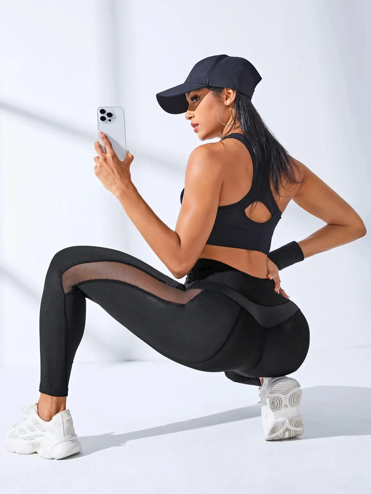 Mallas de gimnasio para mujer, pantalones deportivos de secado rápido con empalme de cuero y malla, elásticos, de cintura alta, para entrenamiento y Yoga