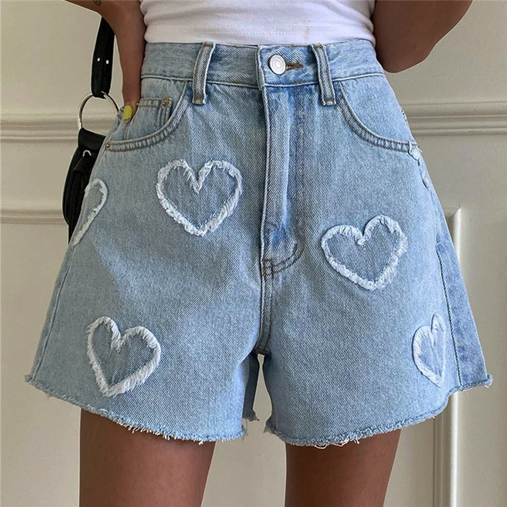 Koreaanse zomer Y2K hoge taille jorts LIEFDE hartvormig patroon dames denim shorts casual jeans chique rechte gewassen hotpants
