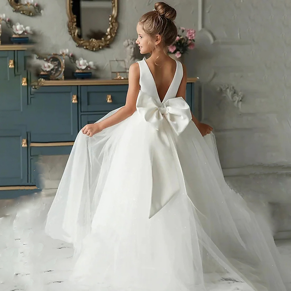 Eleganckie dziewczęce długie suknie wieczorowe dla dzieci ślubna suknia księżniczki dziewczyna dekolt w serek Vintage sukienki urodzinowe modne dla dzieci kostiumy