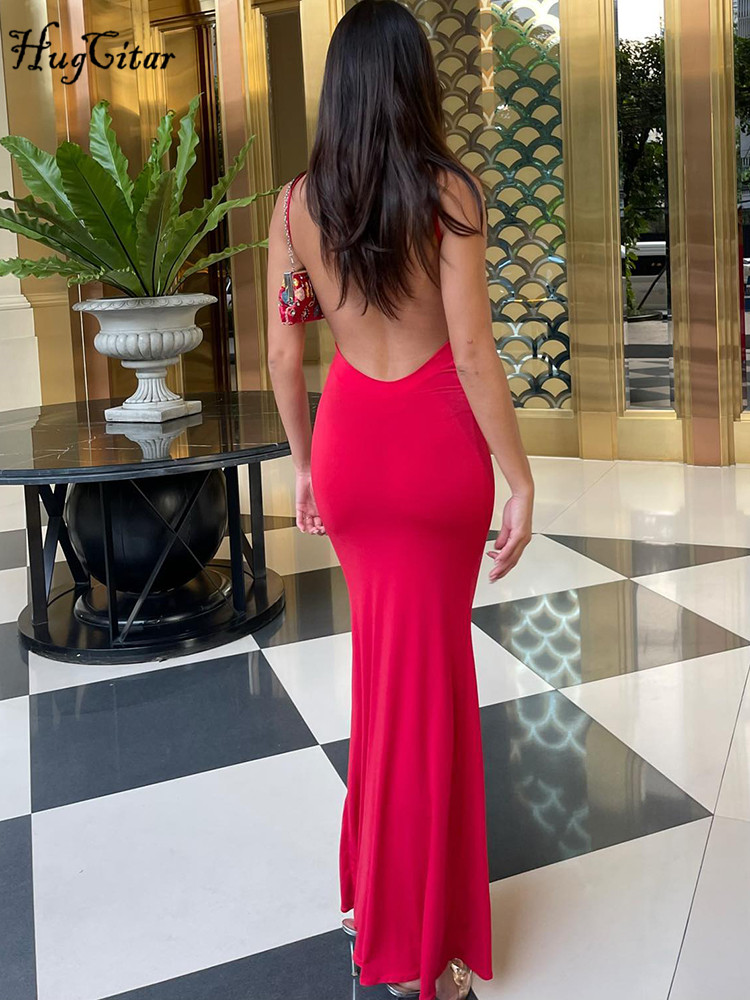 Hugcitar Summer Solid Sleeveless Backless Elegant Sexy Bodycon Y2K Maxi Prom Dress Women Clothes Birthday Party Casual Y2K