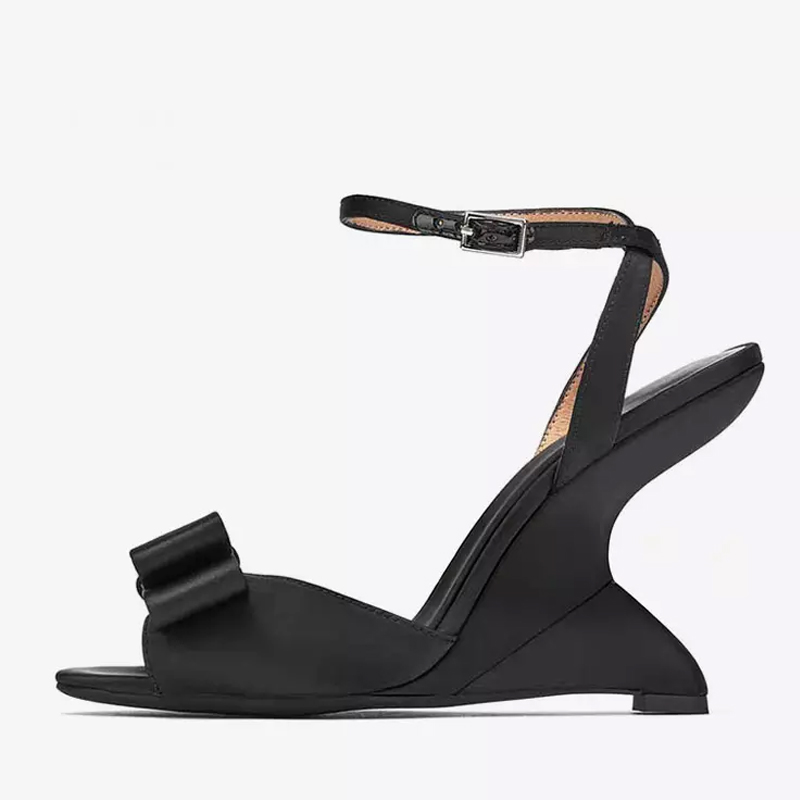 Sandales compensées noires en satin à bout ouvert avec grand nœud, bride cheville, talon courbé original, escarpins de soirée, sandales à talons hauts slingback