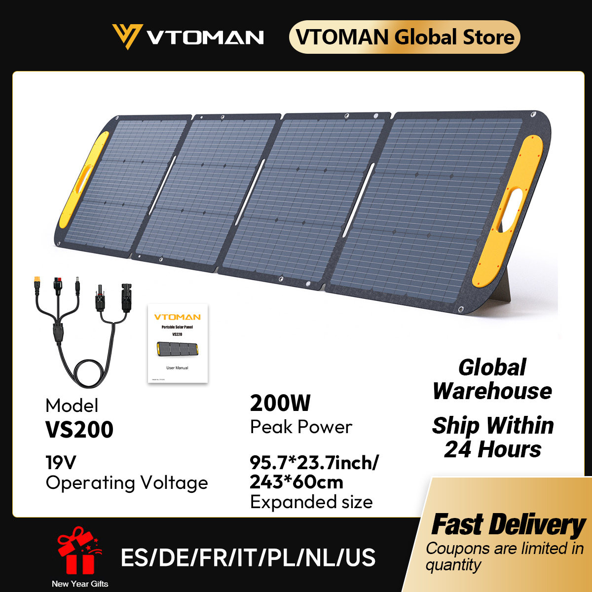 VTOMAN VS200 Жесткая складная солнечная панель Высокоэффективная портативная солнечная панель для путешествий, телефона и лодки 19 В 200 Вт