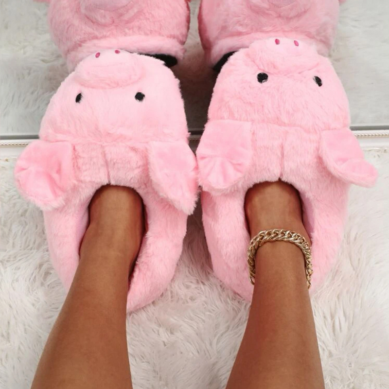 Bonito dos desenhos animados porco inverno sapatos quentes mulheres capa de calcanhar casa chinelos de pele macia interior fofo casa quarto slides para meninas