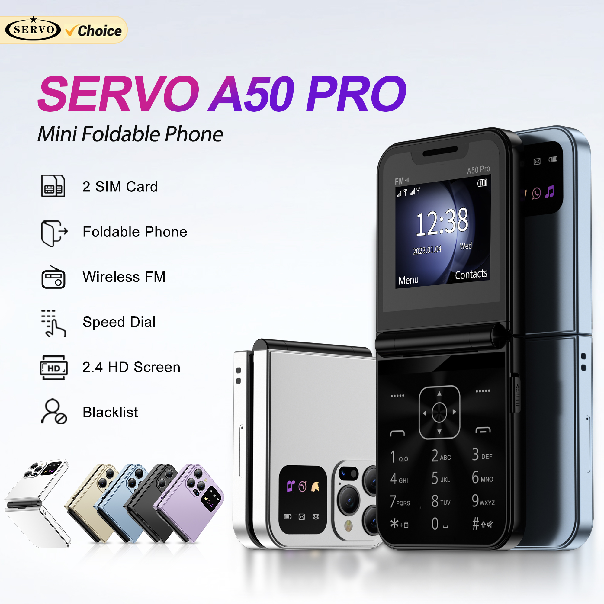 โทรศัพท์มือถือ SERVO A50 PRO แบบพับได้ รองรับสองซิม โทรด่วน บันทึกเสียงสนทนา เครื่องเล่น MP4 วิทยุ FM 2G GSM โทรศัพท์แบบปุ่มกด