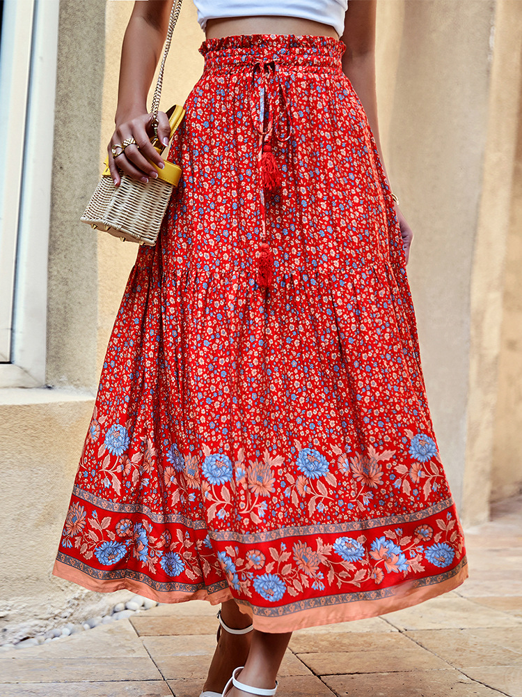 GypsyLady Vintage, w kwiaty druku spódnica kobiety lato Boho długie spódnice frędzle elastyczny pas panie etniczne na co dzień eleganckie długa spódnica