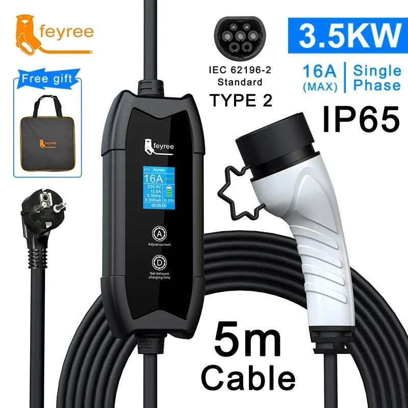 Feyree EV Carregador Tipo 2 16A 3.5kW GBT Carro Elétrico 5M Cabo de Carregamento J1772 Tipo 1 Wallbox para Carro Veículo Elétrico