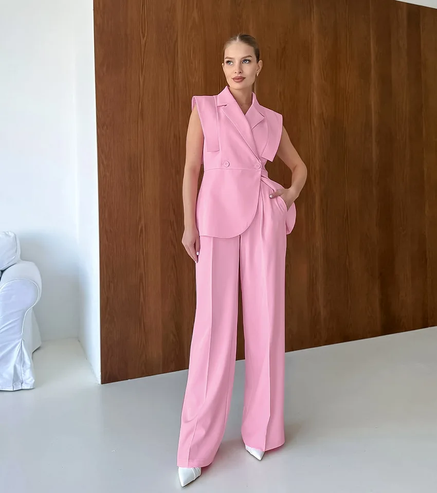 Traje de Pantalón y Chaleco Rosa para Mujer, con Solapa, Dos Botones, Chaleco sin Mangas, Blazer, Pantalones de Pierna Ancha, Conjunto de Dos Piezas, Nuevo Modelo 2025, Traje de Oficina para Dama