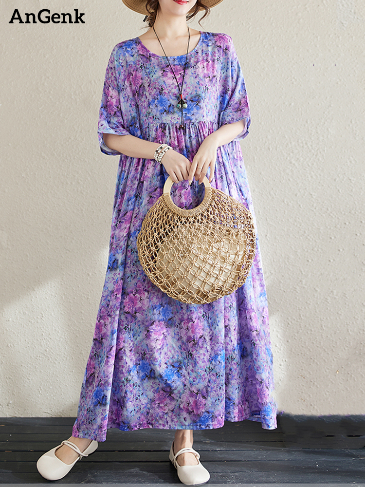 Vestidos Largos Vintage de Algodón con Estampado Morado y Manga Corta para Mujer, Vestido Casual Holgado de Verano 2026, Ropa Elegante