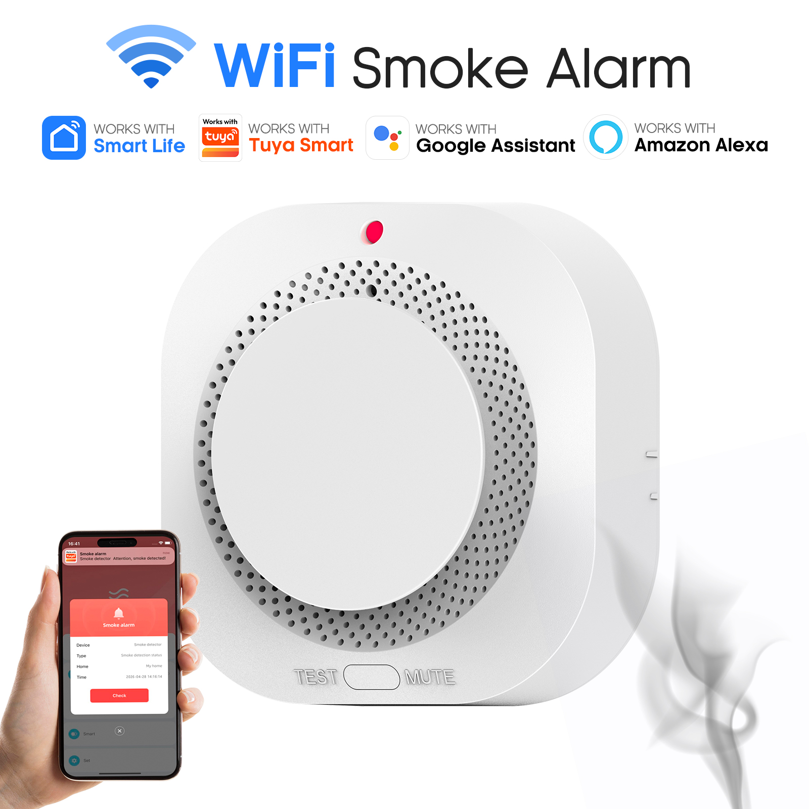 Czujnik dymu fotoelektryczny Tuya WiFi 360 °   Inteligentny czujnik dymu Smart Life do ochrony domu