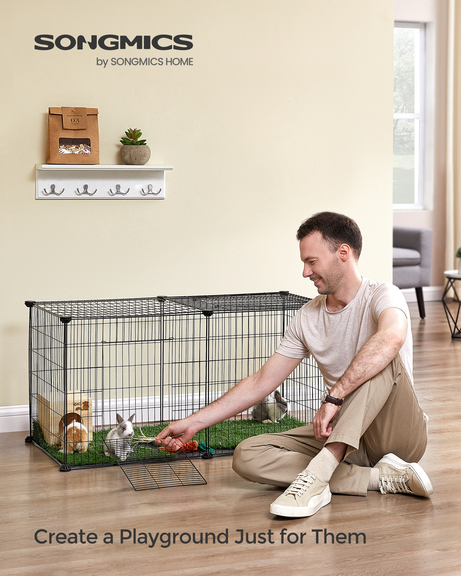 SONGMICS gabbia per piccoli animali, gabbia per animali domestici, XL, con parte superiore, Base, 2 porte, facile da pulire, 102x51x51 cm
