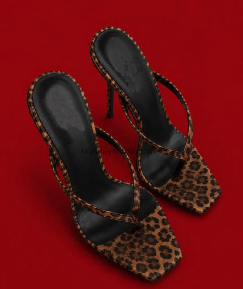 Women's Square toe sexy flip-flops 2026 summer new Cow Print Thong Mule Heels stilettos big size good quality party shoes