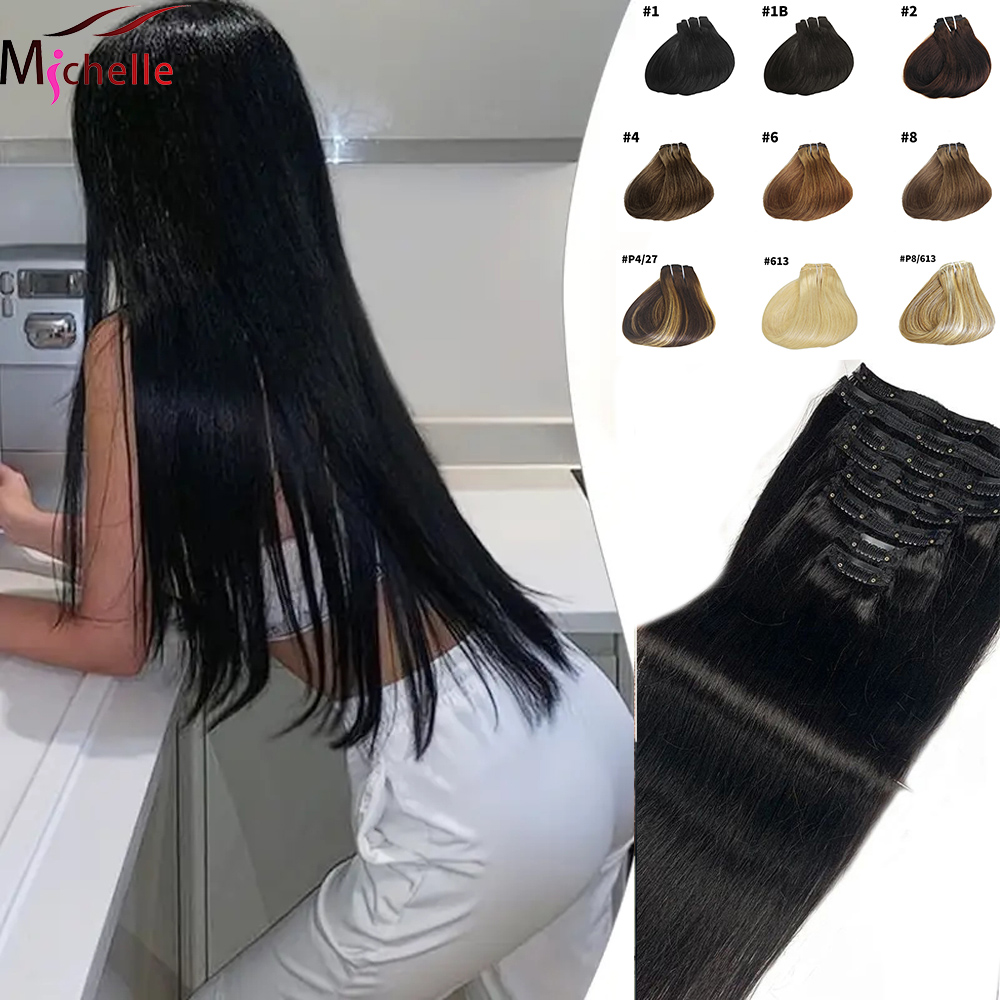 Ekstensi Rambut Clip In Lurus 100% Rambut Manusia Remy Brasil Ekstensi Rambut Clip In 8pcs Warna Hitam Alami Clip Ins