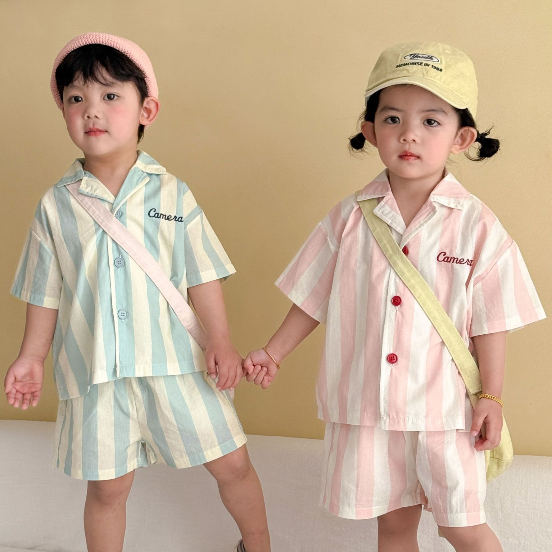 Conjunto de Pijamas Listrados de Algodão Puro para Crianças, Estilo Coreano, Primavera/Verão 2026, Casual, para Meninos e Meninas, Conjunto de Duas Peças