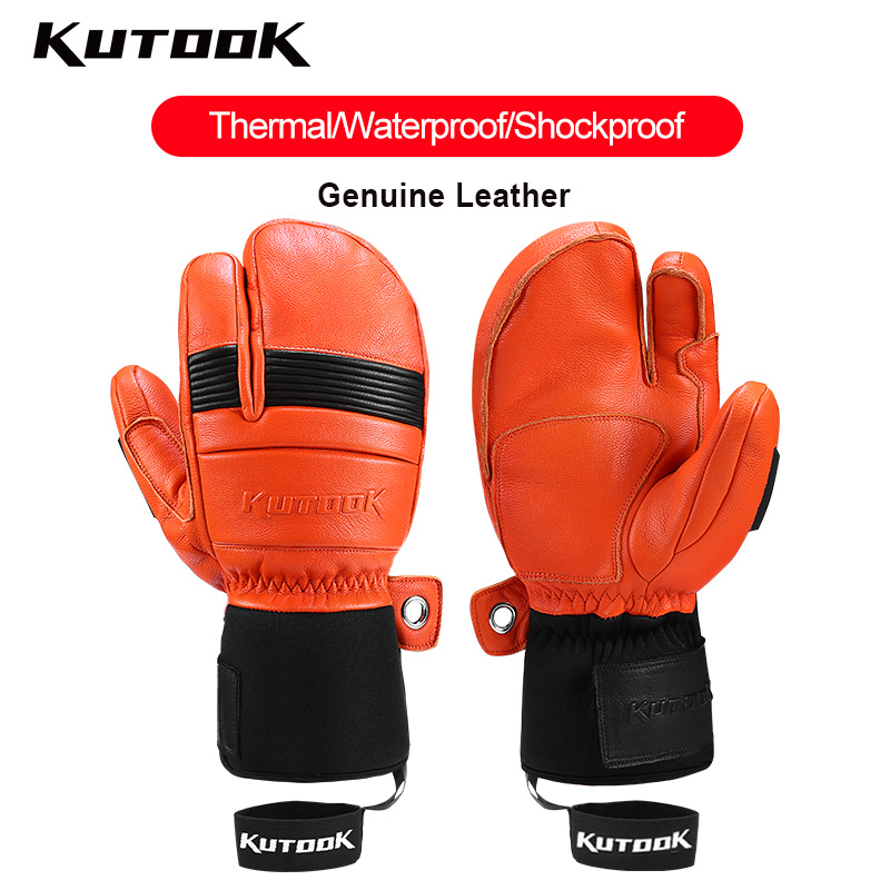 Kutook luvas de esqui de inverno à prova dwaterproof água pele de cabra couro snowboard snowmobile luvas quentes neve luvas de esqui à prova de vento ajustável