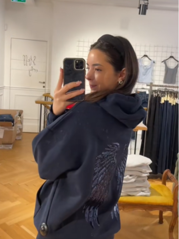 Sudadera con capucha elegante con diseño de ángulo de lentejuelas azul marino, jersey de calle holgado de manga larga, abrigos de otoño e invierno para señora nueva 2025
