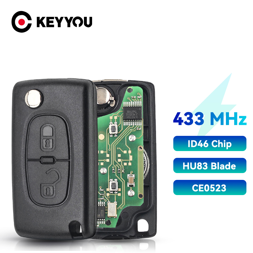 Ключ KEYYOU VA2/HU83, 2 кнопки, дистанционный ключ-брелок от машины ASK FSK для Peugeot 307 3008 308 408 433 МГц ID46 7941 CE0536 CE0523, флип-ключ