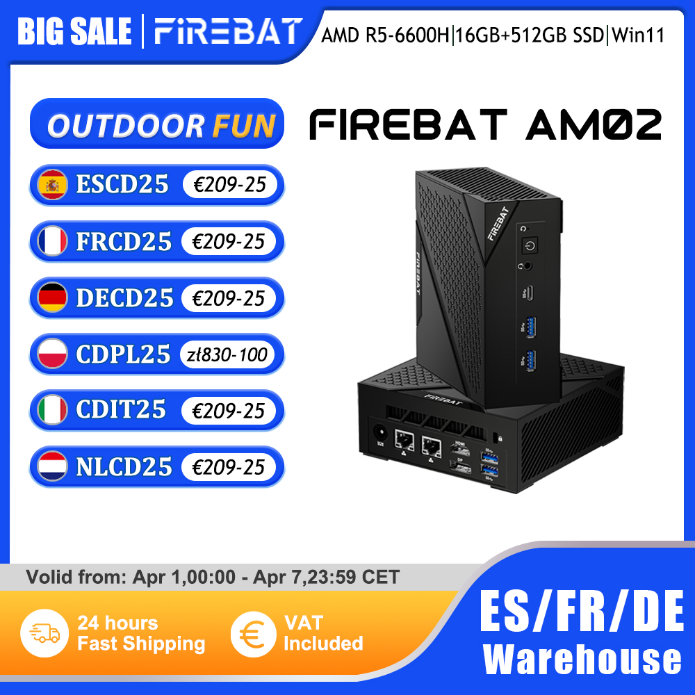 FIREBAT AM02 MINI PC AMD Ryzen 5 6600H DDR5 16GB RAM 512GB SSD WIFI6 BT5.2 portatile Desktop MINI PC Computer porta di rete HDMI