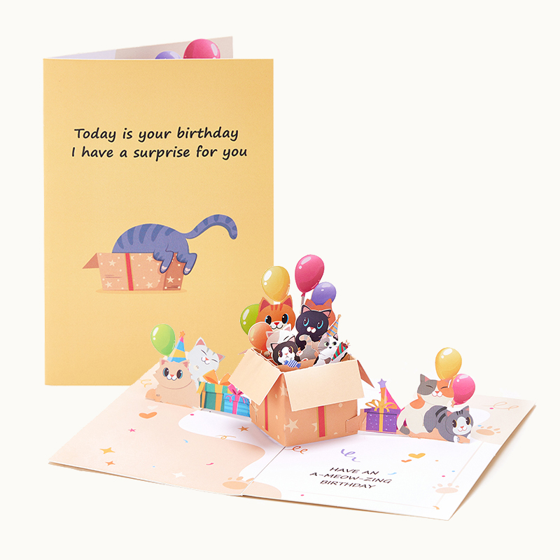 Tarjeta de felicitación emergente para gatos, tarjeta de cumpleaños con bonitos gatitos dóciles y sobre, regalos de cumpleaños creativos para celebración