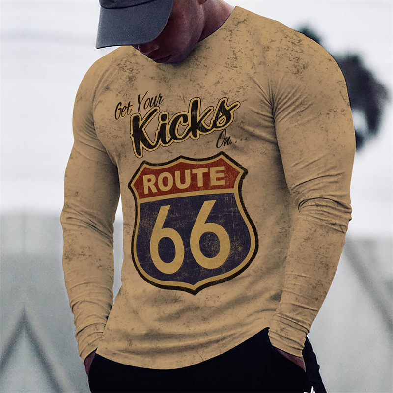 T-shirt à manches longues en coton imprimé 3D pour hommes, haut décontracté, vintage, route 66, t-shirt de sport, vêtements à col rond, 5XL, 2024