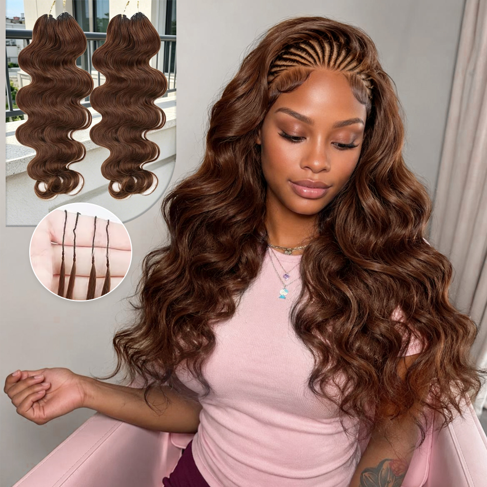 Extensioni per trecce in capelli umani all'uncinetto marrone cioccolato, 30 pollici, 240 punte, Boby Wave, con punta effetto piuma, pre-separate, senza nodi, effetto morbido come piuma, per donne di colore