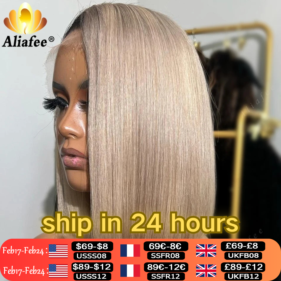 Color rubio ceniza transparente 180% densidad completa 13X4 peluca Frontal de encaje cabello humano Rubio Bob corto peluca de cabello humano para mujeres