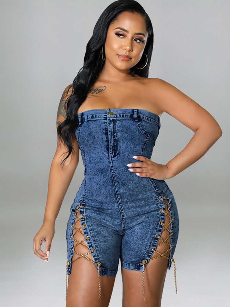 Jumpsuit Denim Shorts Vrouw Eendelig Outfits Rugloze Zomer Strapless Jumpsuit Jeans Rits Jumpsuit Groothandel Dropshipping