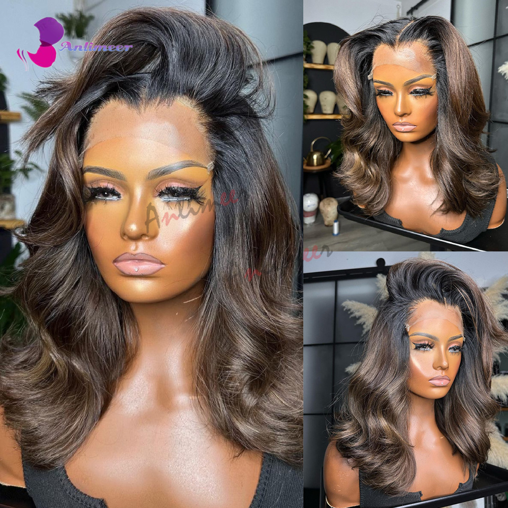 Parrucca in Capelli Umani Veri, Parrucche Corte per Donne di Colore, Densità 200%, Parrucca con Chiusura Frontale in Pizzo 5x5, Parrucca con Highlights in Capelli Umani