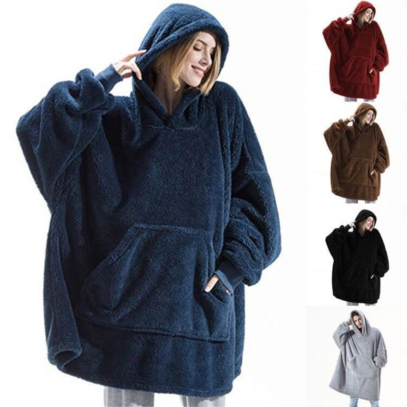 2024 Donne di Inverno Double-face In Pile Con Cappuccio Coperta Oversize Tasca Grande Caldo Coppia Felpe Allentate Donne E Uomini Veste