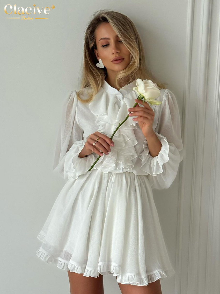Clacive-vestido blanco holgado de manga larga para mujer, minivestido elegante con cuello levantado, informal, plisado con volantes, 2024