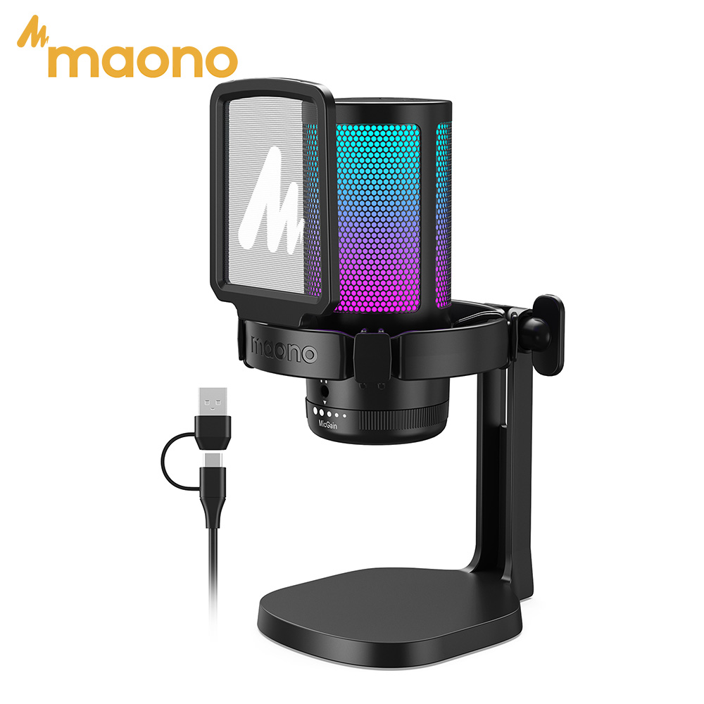 MAONO DGM20 Gaming Microphone, USB Microphone Condenser Mic RGB Gaming Mic with Noise Reduction Software, Mic Gain, One Key Mute