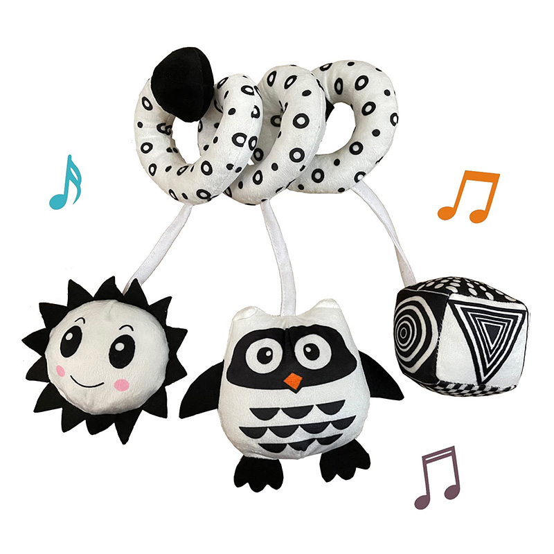 Jouets suspendus siège de voiture berceau Mobile infantile bébé spirale en peluche lit poussette barre couleur noir et blanc jouet avec hochets BB couineur