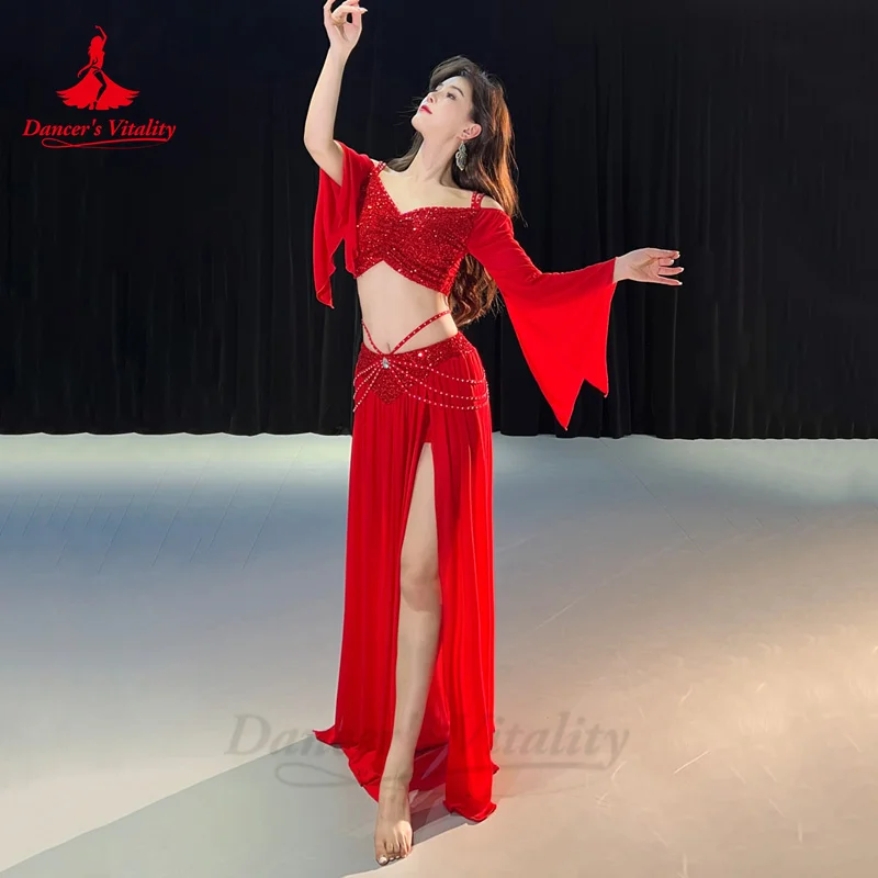 ベリーダンス衣装セット女性用メッシュ長袖トップ + ガーゼロングスカート 2 個トレーニングセットオリエンタルベリーダンスウェア衣装