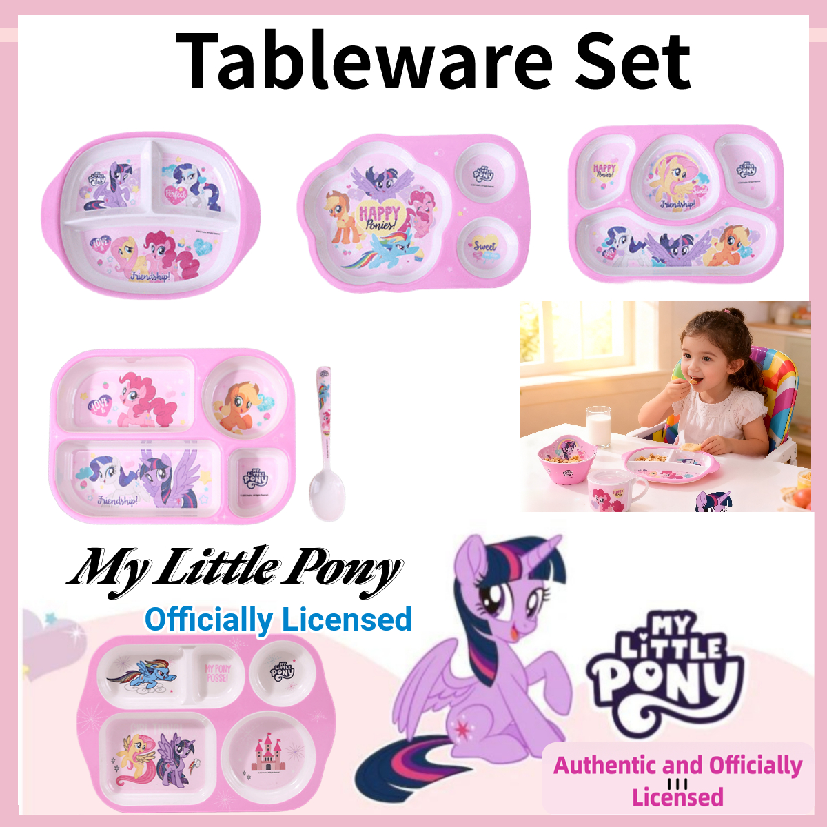 Набор посуды My Little Pony для малышей, разделенная тарелка для кормления, небьющаяся тарелка с мультяшным рисунком, ложка, вилка, посуда для ужина, подарок для ребенка