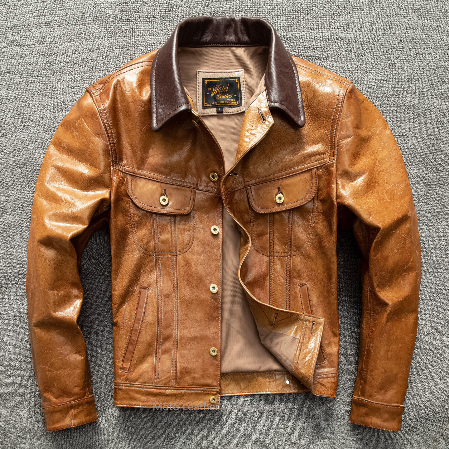Herren Lederjacke aus Ziegenleder im Storm Rider-Stil mit Revers, Kurze Jeansjacke aus Echtleder, Übergröße
