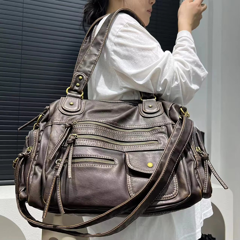 Bolsa Tote Feminina Y2K Estilo Punk Motoqueira, Grande Capacidade, Couro PU, Bolsa Transversal com Múltiplos Bolsos para Trabalho e Deslocamento