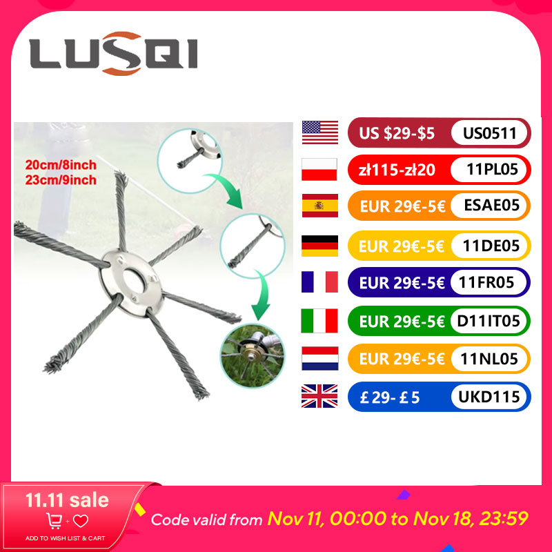 LUSQI 20/23cm 스틸 와이어 휠 헤드 업그레이드된 잔디 트리머 헤드 범용 잡초 브러시 제거 이끼 녹 피트 가솔린 Brushcutter