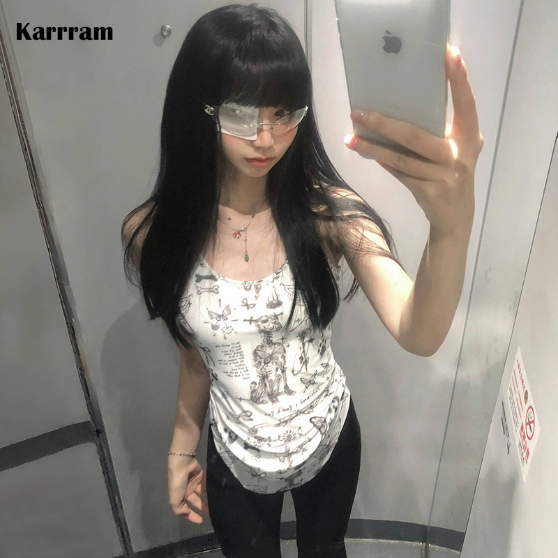 Karrram Japanese Y2k canotta Trashy 2000s canotta irregolare Cyber Punk Print Cami Top Grunge estetica Slim Tanktop Harajuku