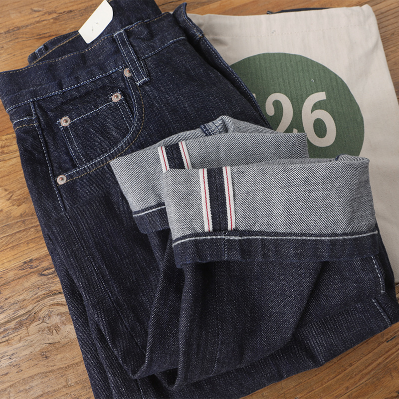 Amekaji 100% katoenen heren rood witte zelfkant denim jeans - Amerikaanse vintage zwaargewicht gewassen noodlijdende rauwe rechte broek